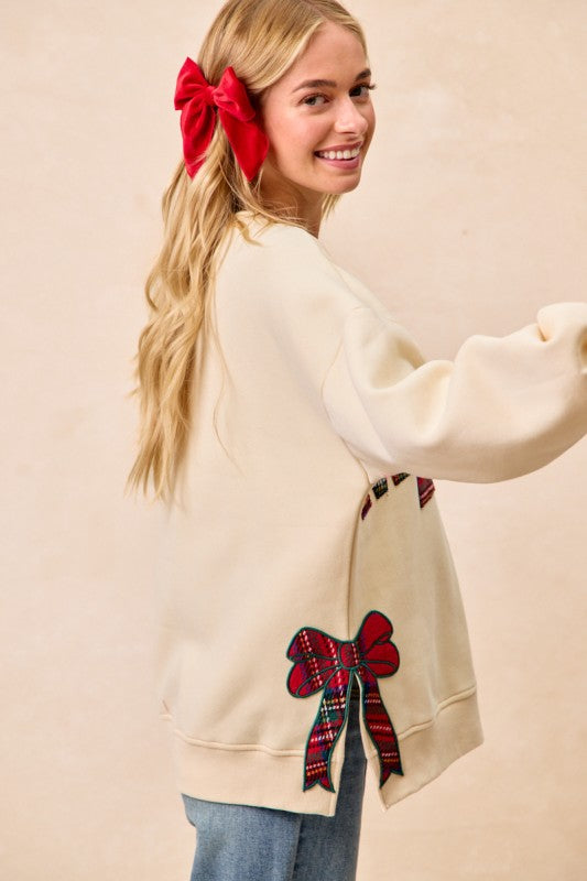 Christmas Plaid Merry Side Bow Top Cream