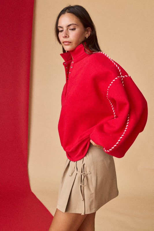 Alexa Contrast Piping Pullover Red