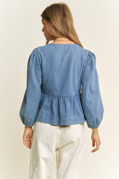 Tie Front Peplum Blouse Denim - Southern Fashion Boutique Bliss