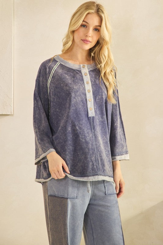 Mineral Wash Henley Pullover Top Navy