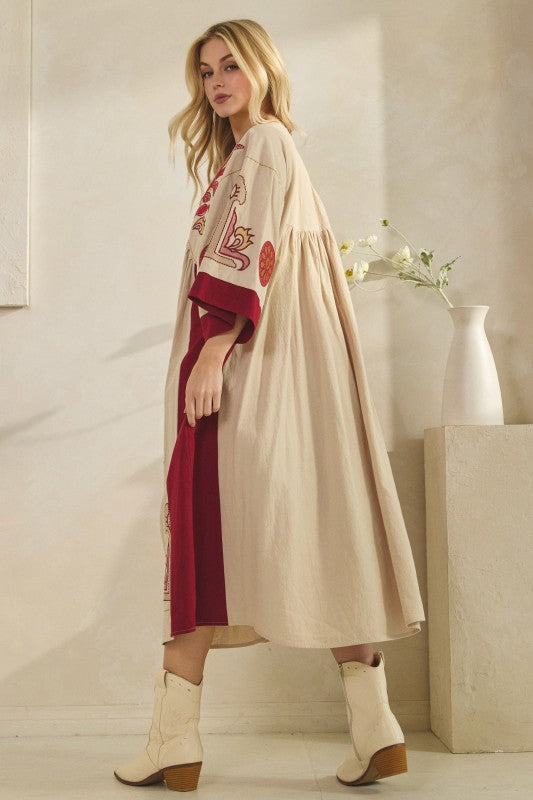 Vintage Embroidery Dress Burgundy