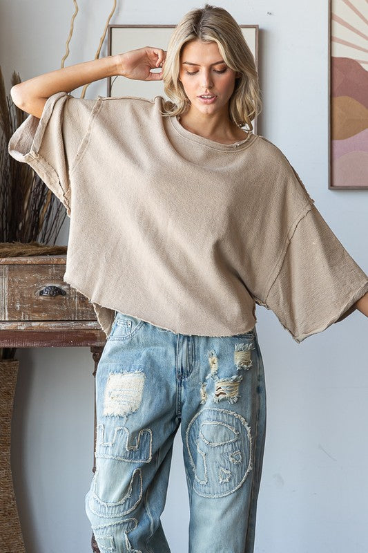 Washed Knit Relaxed Crop Top Taupe