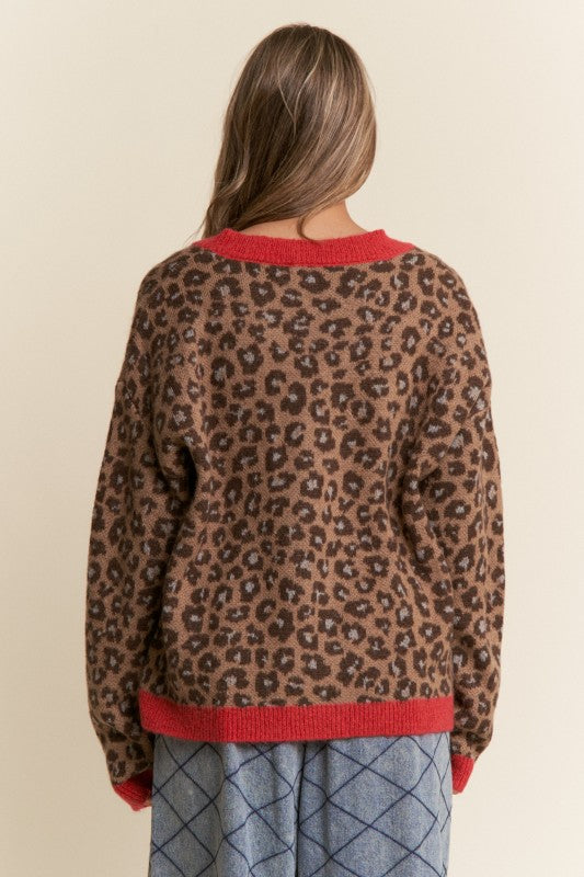 Bow Cardigan Cheetah Print Red