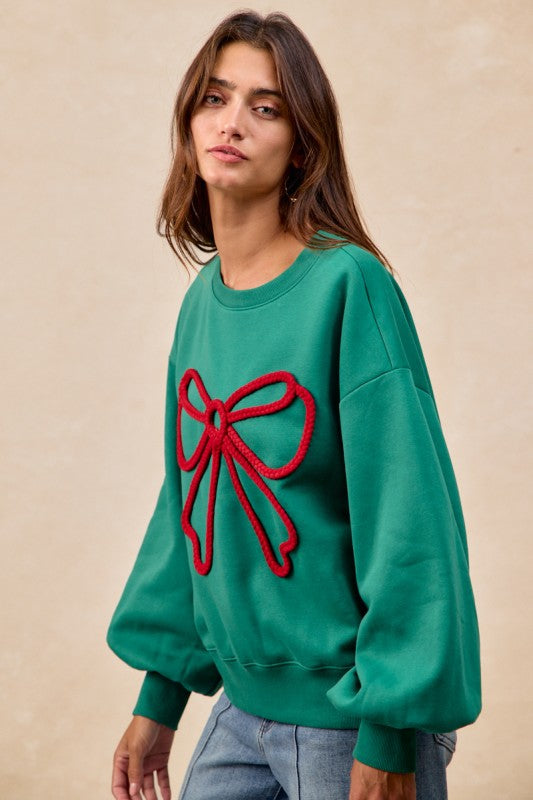 Bow Braid Top Balloon Sleeves Hunter