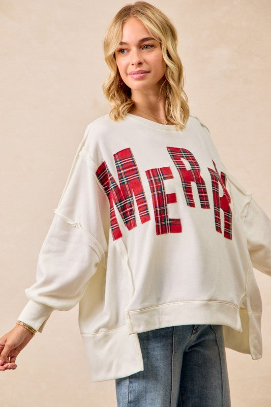 Christmas Plaid Merry Lettering Fleece Top White