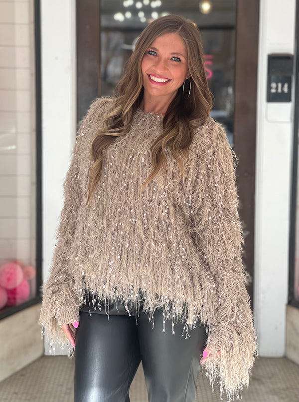 Fluffy Faux Fur Pullover Sweater Top Taupe