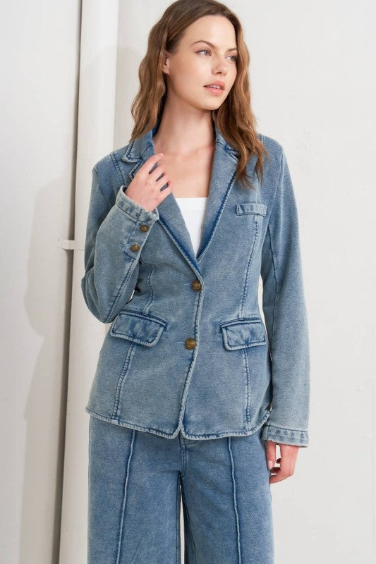 Washed French Terry Blazer Denim Blue