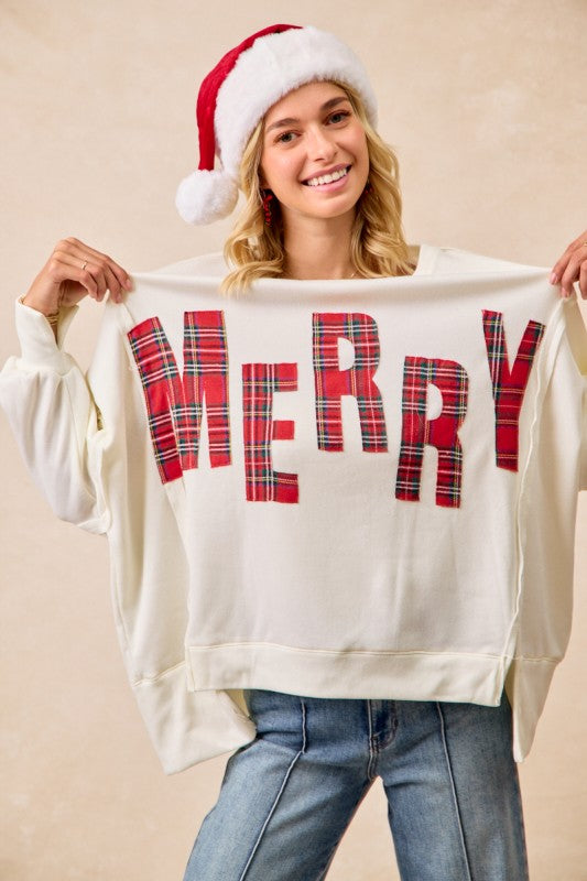 Christmas Plaid Merry Lettering Fleece Top White
