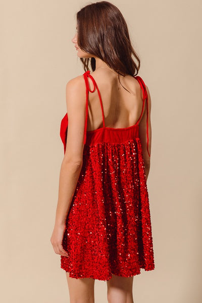 open lace back dress Velvet Sequin Babydoll Holiday Dress Red