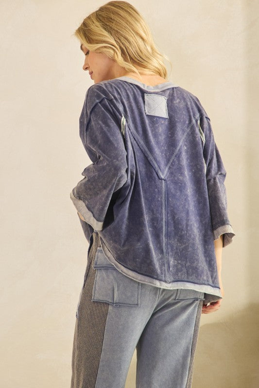 Mineral Wash Henley Pullover Top Navy