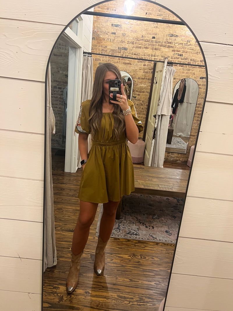 brown skater dress Western Sequin Patch Tan Skater midi dress