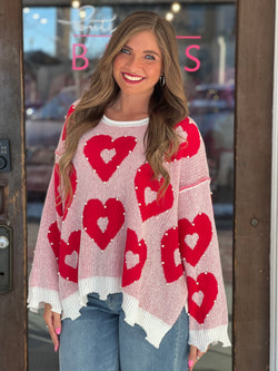 Hearts Print W/Pearls Loose Sweater Red