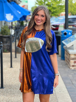 Game Day T-Shirt Dress W/ Football Patch Royal/Rust - Southern Fashion Boutique Bliss Game Day T-Shirt Dress W/ Football Patch Royal/Rust - Southern Fashion Boutique Bliss