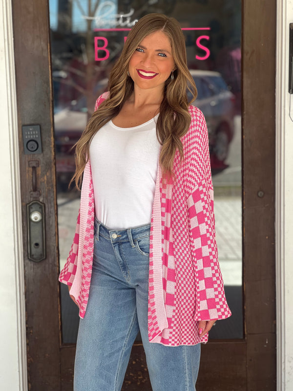 Mixed Check Pattern Cardigan Fuchsia
