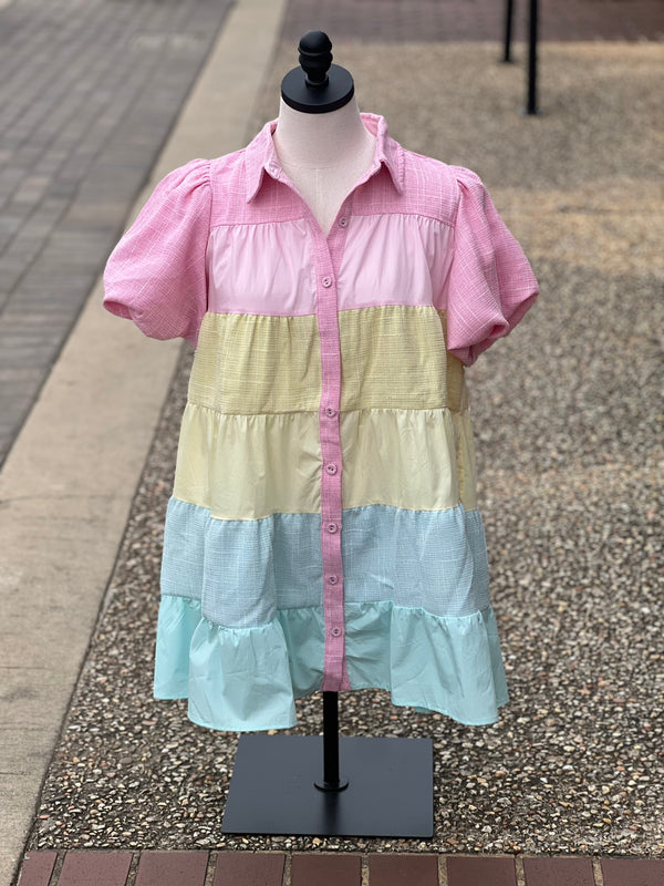 Color Block Button Down Tiered Dress Pastel