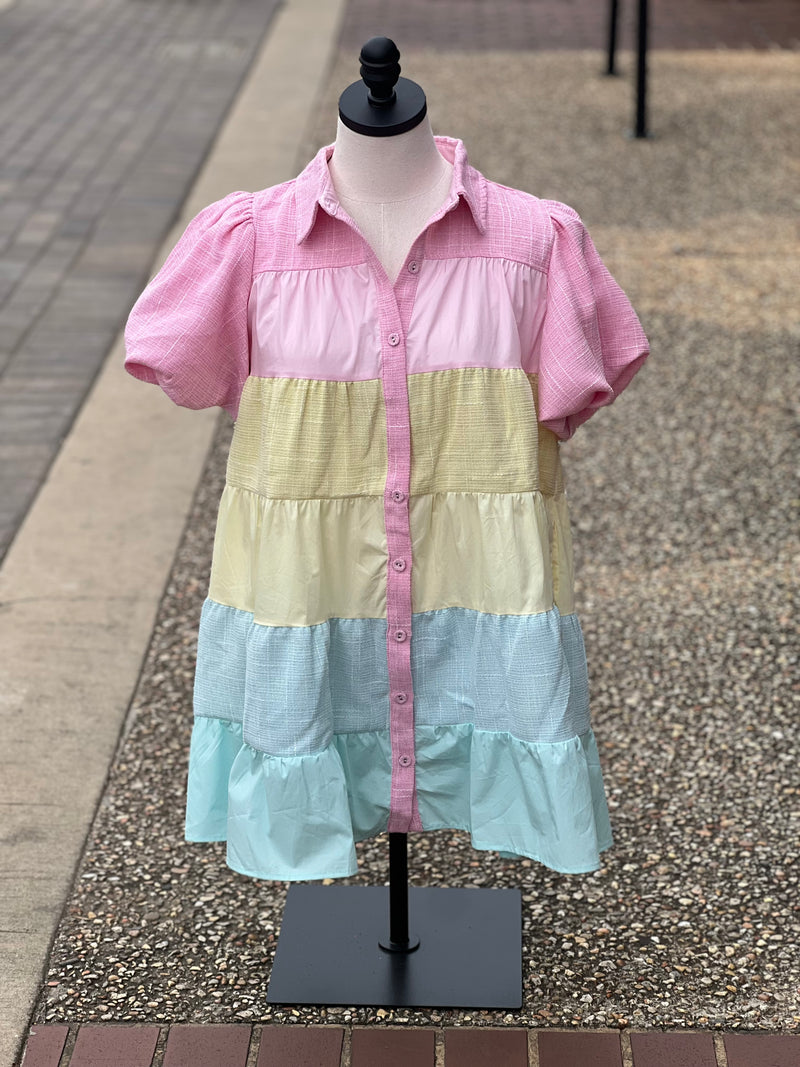 Color Block Button Down Tiered Dress Pastel