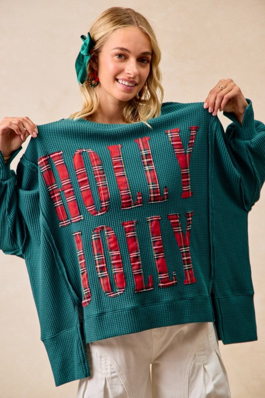 Christmas Plaid Holly Jolly Lettering Top Green