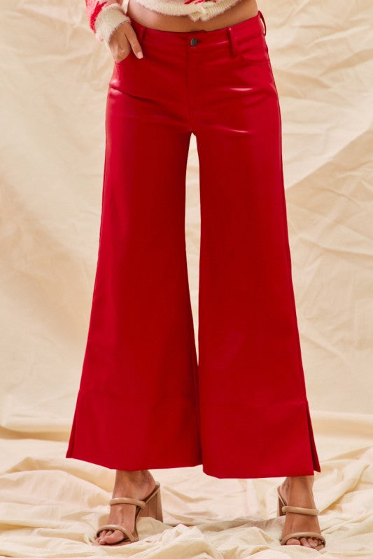 Christmas Wide Faux Leather Pants Red