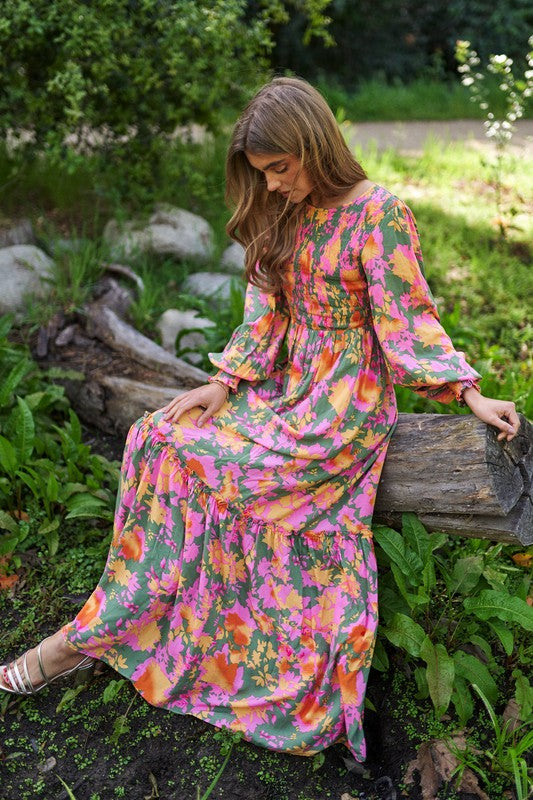 Floral Smocked Bodice Long Sleeve Maxi Dress Olive