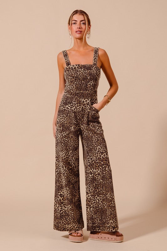Washed Wide Leg Pocket Jumpsuit Leopard