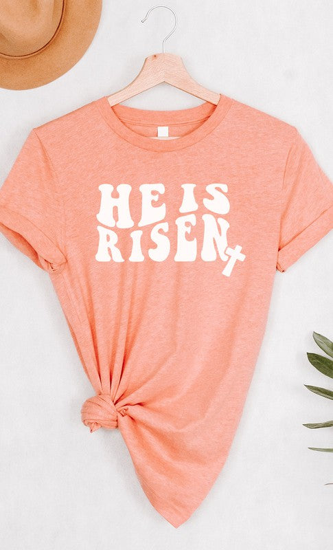 He is Risen Easter Cross Graphic Tee Sunset