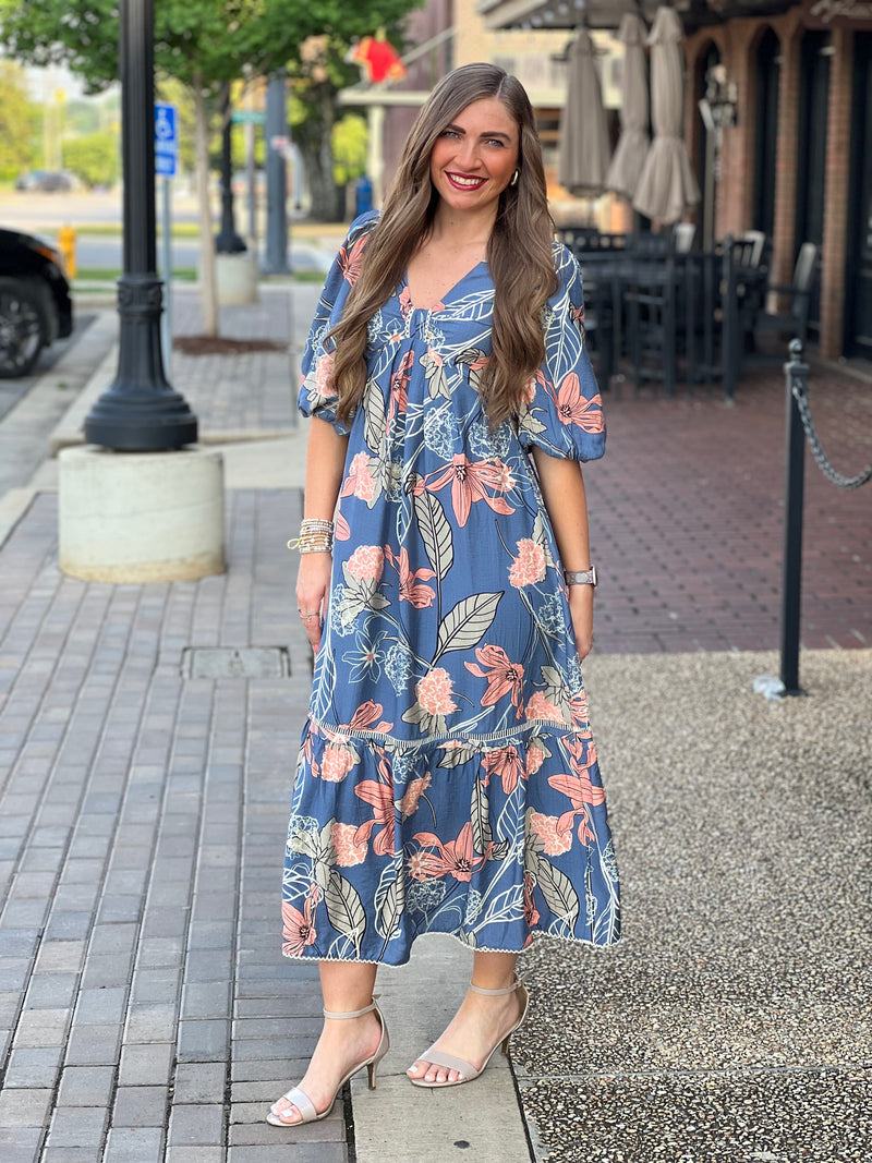 Floral Print Front Knot Maxi Dress Denim