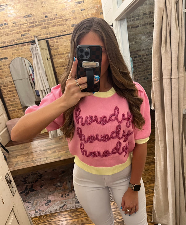 Howdy Thread Puff Sleeve Sweater Top Baby Pink