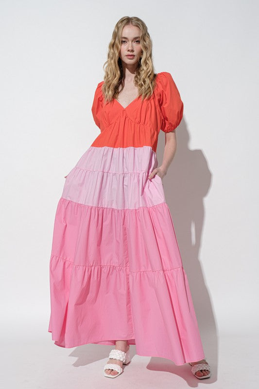 Color Block Maxi Tiered Dress Pink