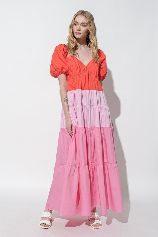 Color Block Maxi Tiered Dress Pink