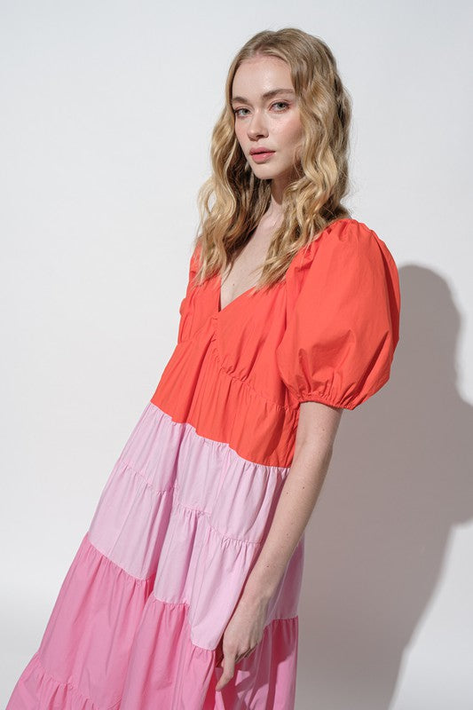Color Block Maxi Tiered Dress Pink