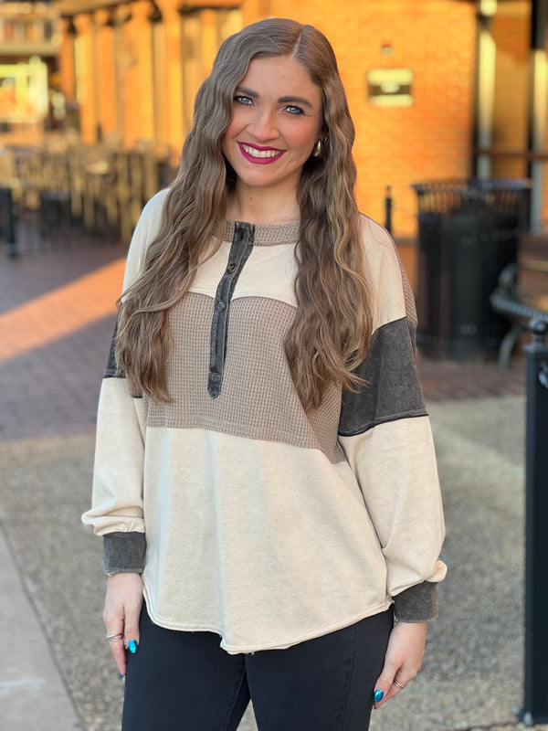 Washed Terry Knit Henley Top Ash Mocha