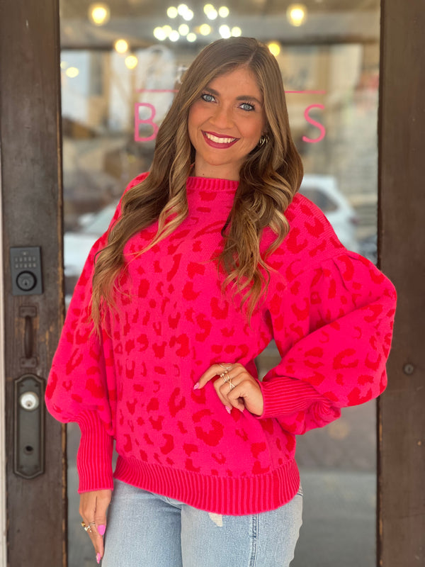 Leopard Print Knit Tuck Puffs Sweater Hot Pink