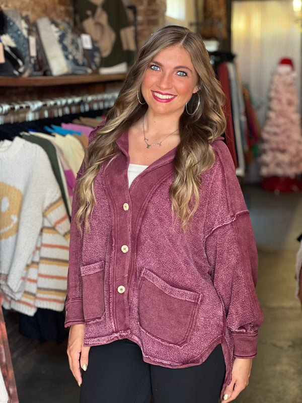 French Terry Button Front Cardigan Burgundy