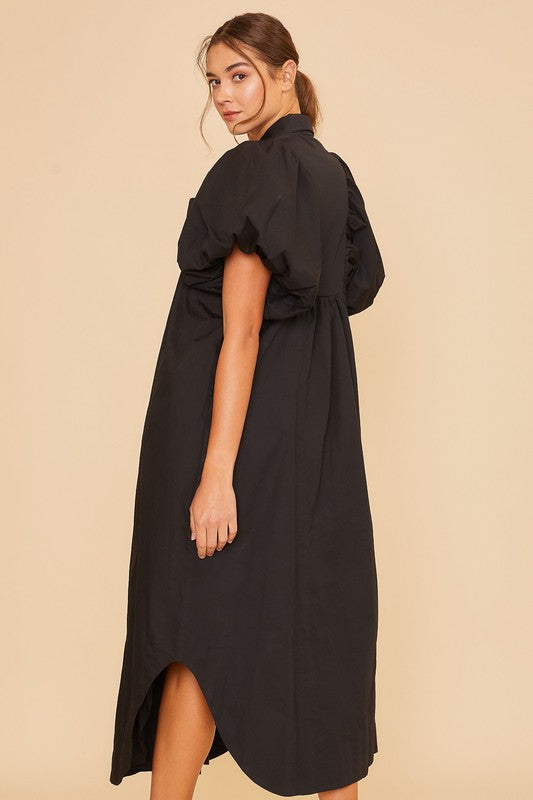 Smocked Detail Puff Sleeve Midi Dress Black