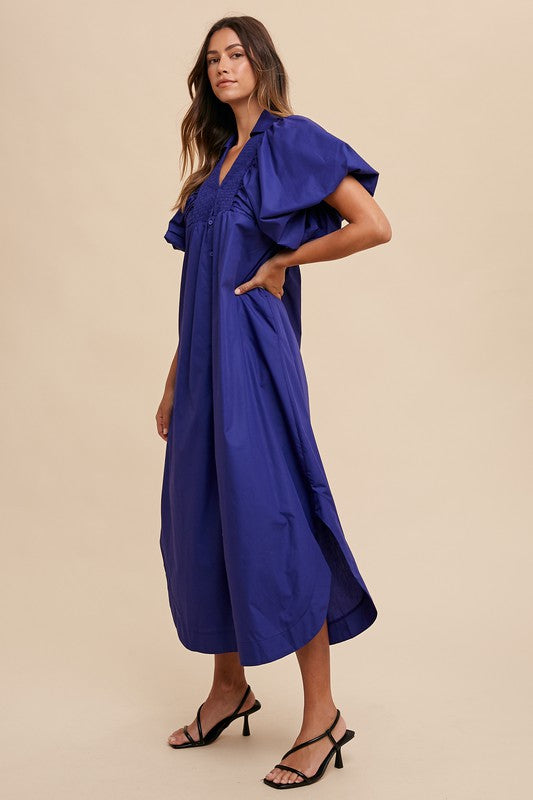 Smocked Detail Puff Sleeve Midi Dress Blue