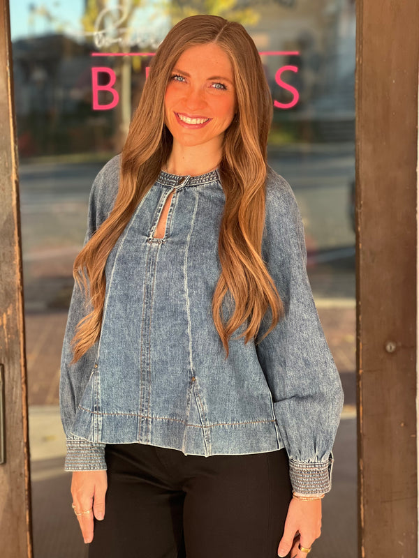 Key Hole Flared Denim Long Sleeve Top Medium