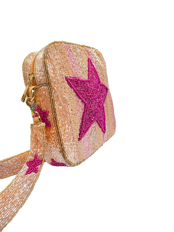 Beaded Star Box Bag Purse w/ Stars Strap Pink