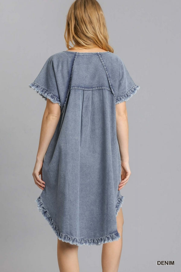 Pocket Denim Dress with Fringe Denim