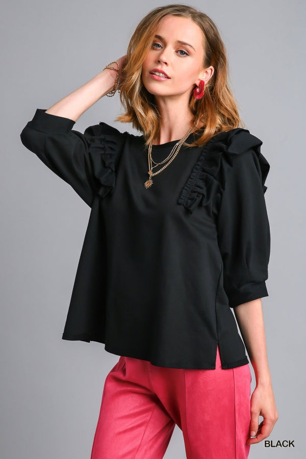 French Terry Ruffle Sleeve Top Black