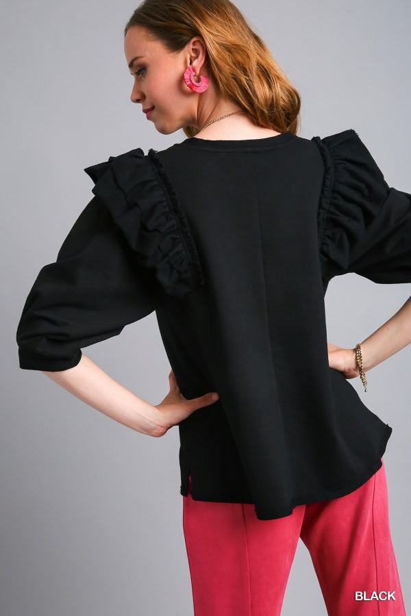 French Terry Ruffle Sleeve Top Black