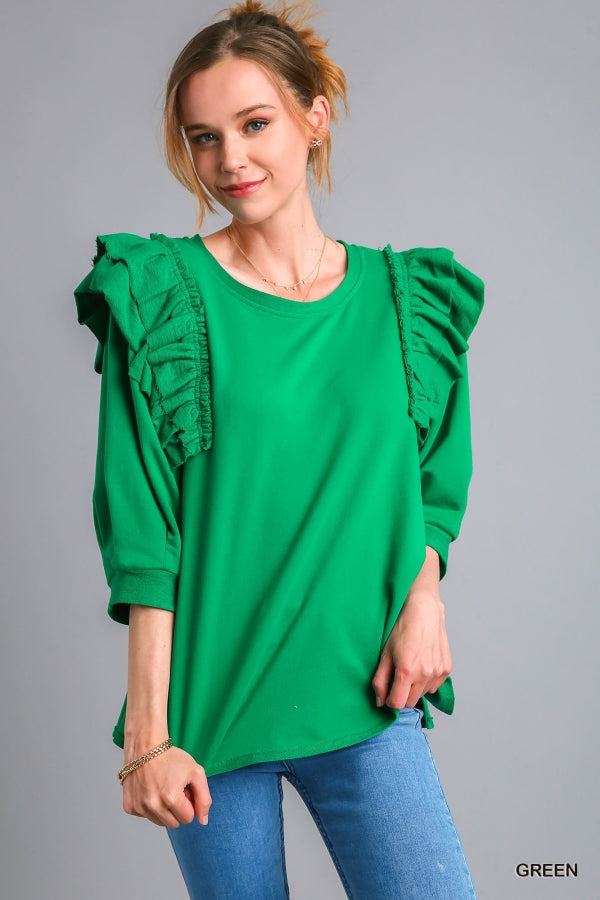 French Terry Ruffle Sleeve Top Green