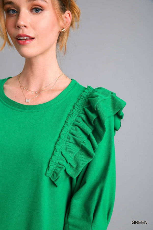 French Terry Ruffle Sleeve Top Green