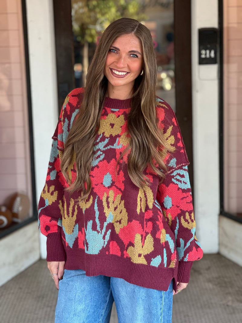 Floral Patterned Sweater Pullover Burgundy