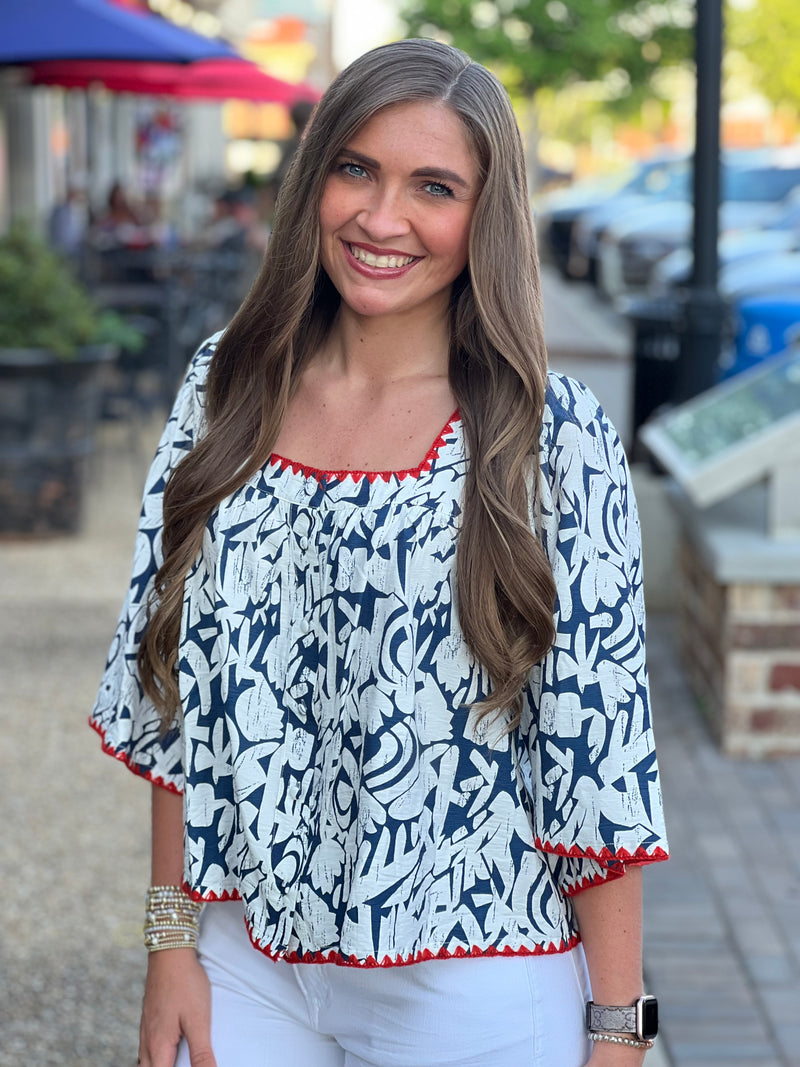 Embroidery Detailed Abstract Print Top Navy