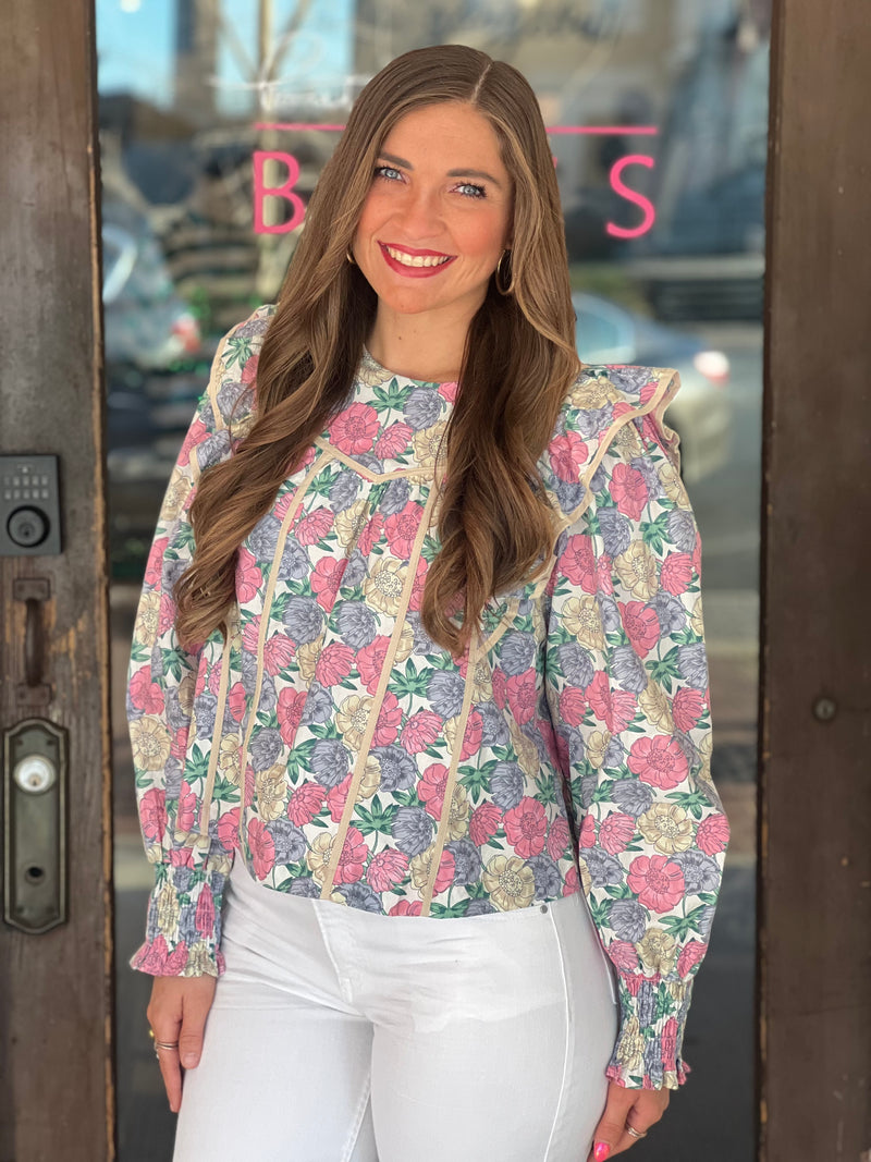 Floral Flutter Sleeve Top Ivory