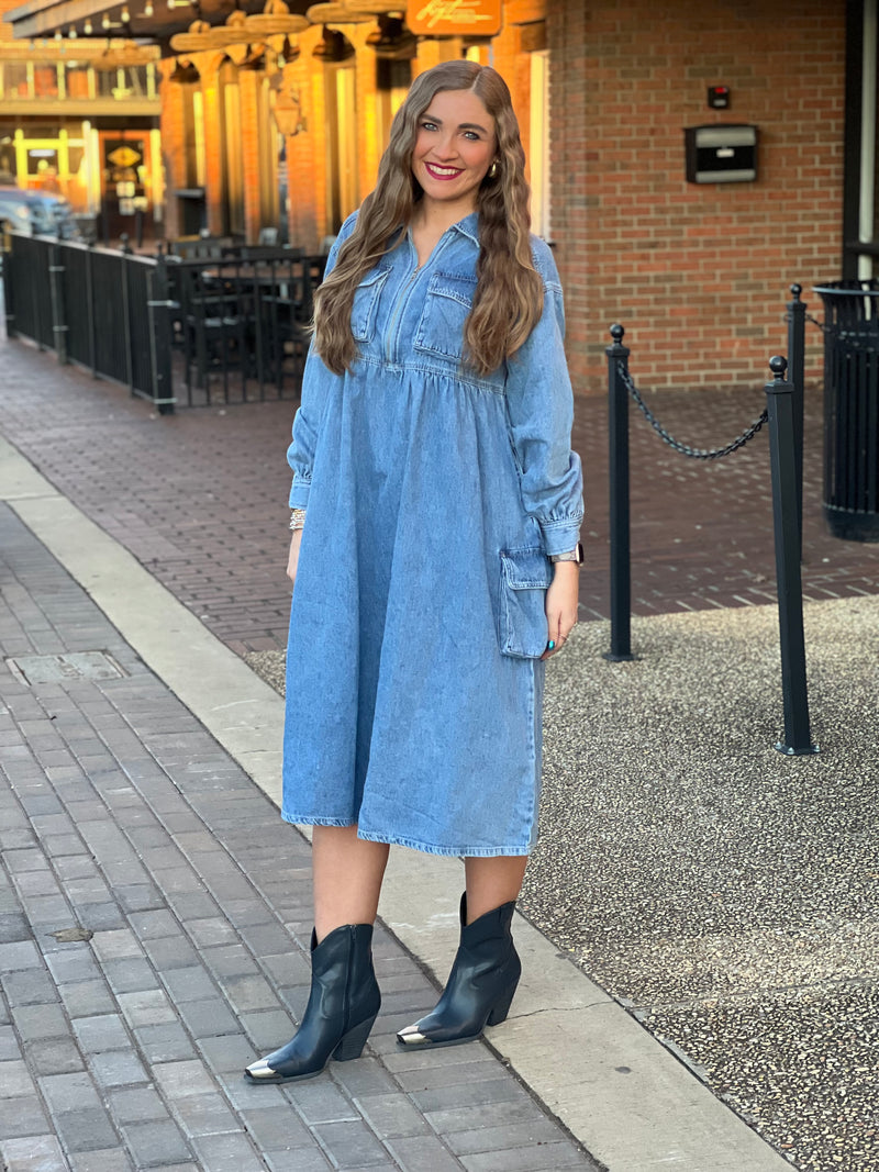 Pocket Babydoll Cargo Maxi Dress Denim