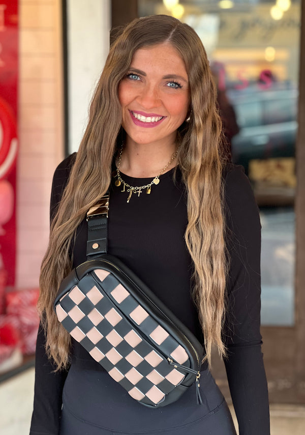 Faux Leather Checkerboard Belt Bag Black