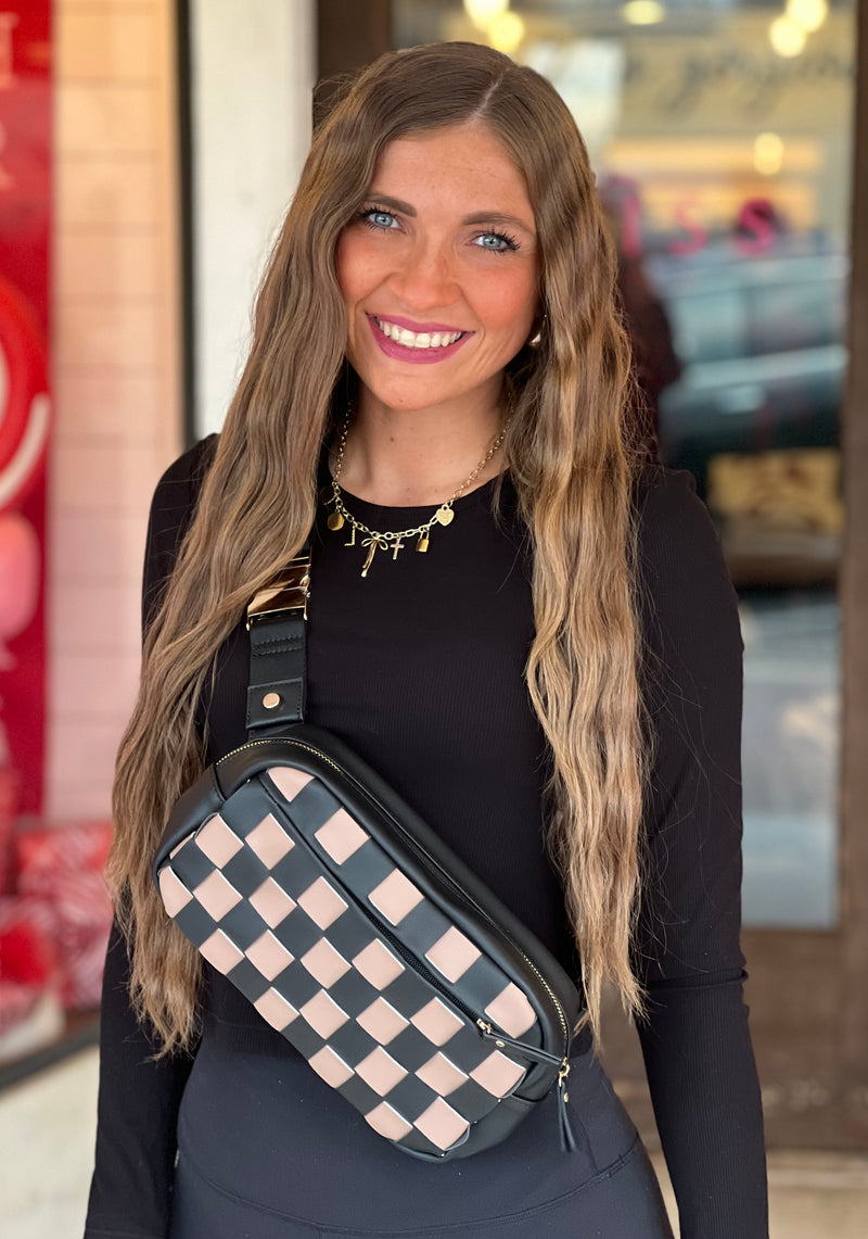 Faux Leather Checkerboard Belt Bag Black - Southern Fashion  display picture 1