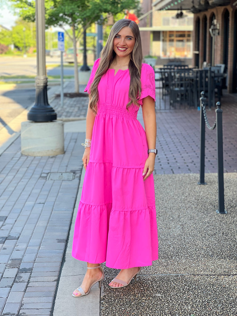 Embroidery Cut-Out Sleeves Tiered Maxi Dress Pink