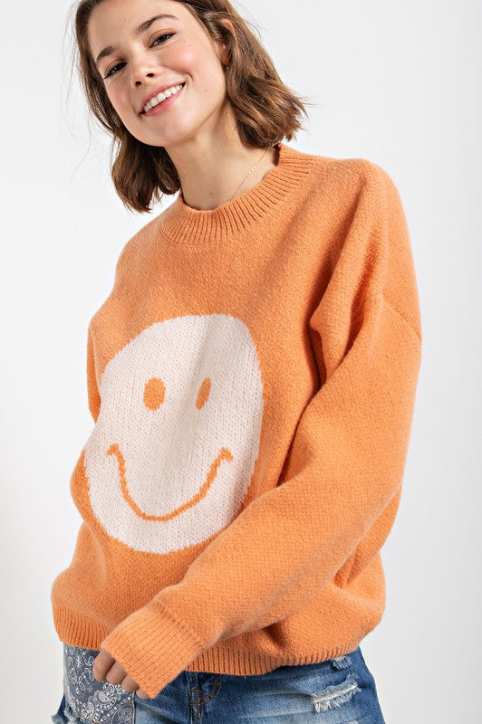 Smile Face Pattern Knit Sweater Coral Cream
